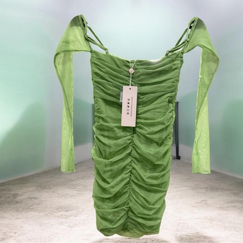 Oh Polly Lime Green Ruched Mesh Bodycon Mini Dress - Picture 3 of 5